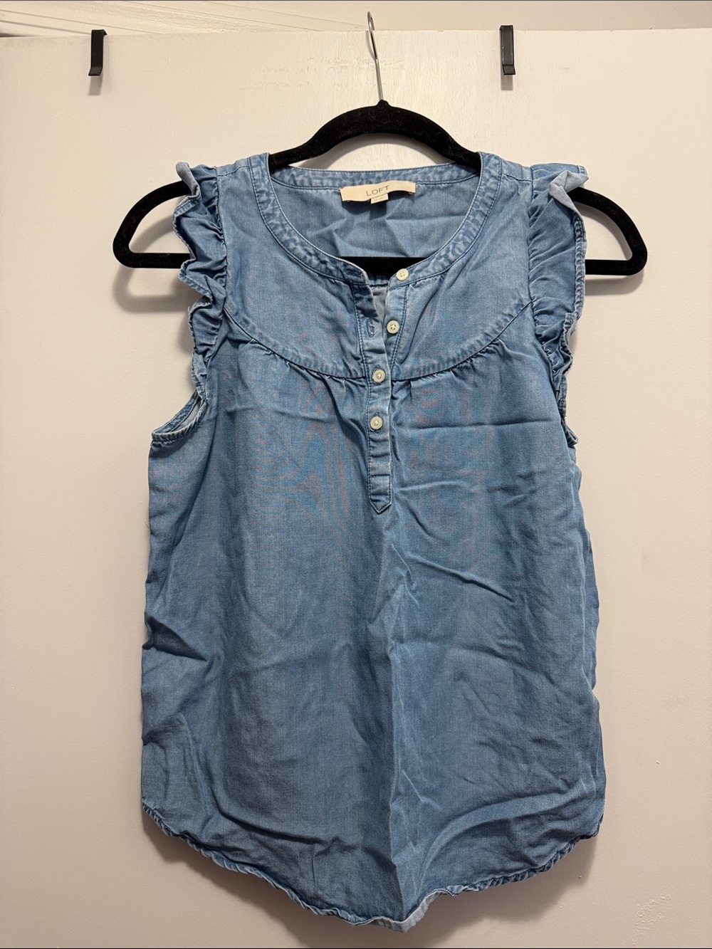 LOFT Light Blue Chambray Ruffle Sleeve Henley Tank